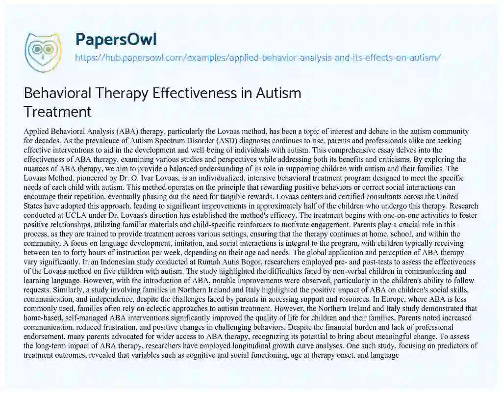 Essay on Behavioral Therapy Effectiveness in Autism Treatment