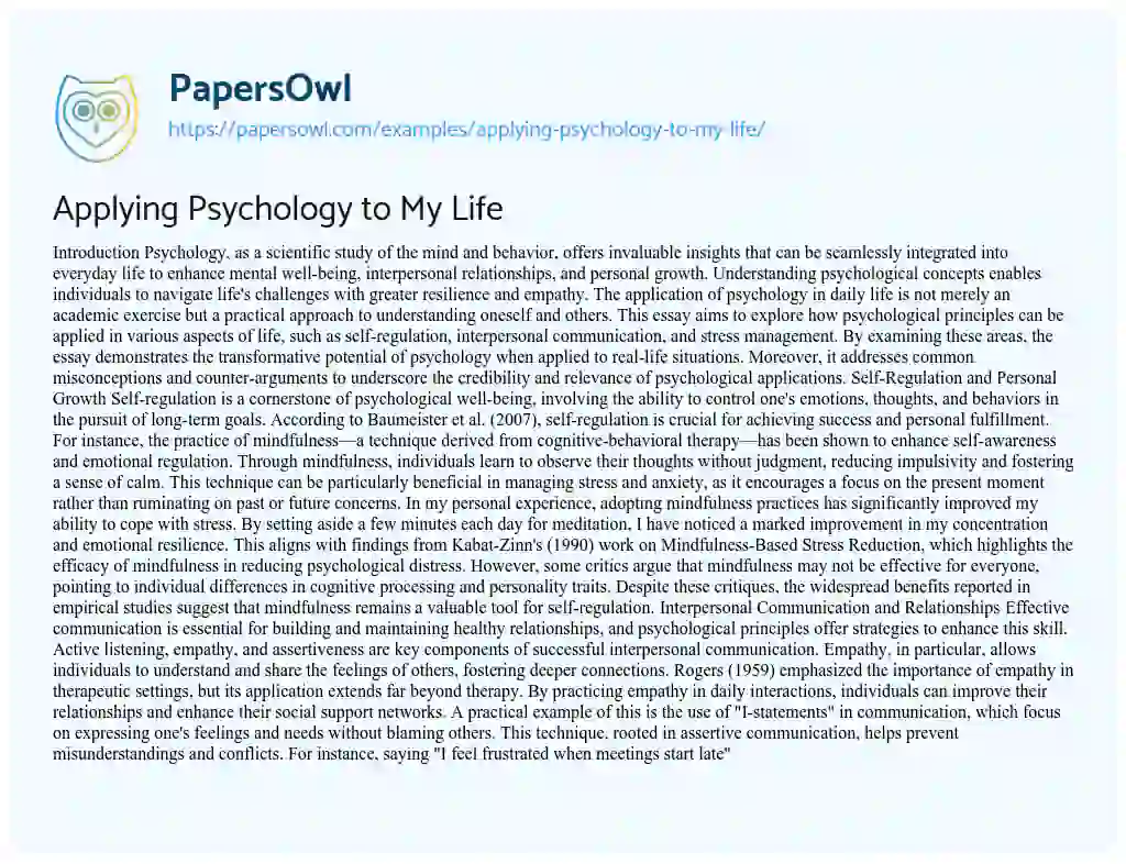 Essay on Applying Psychology to My Life