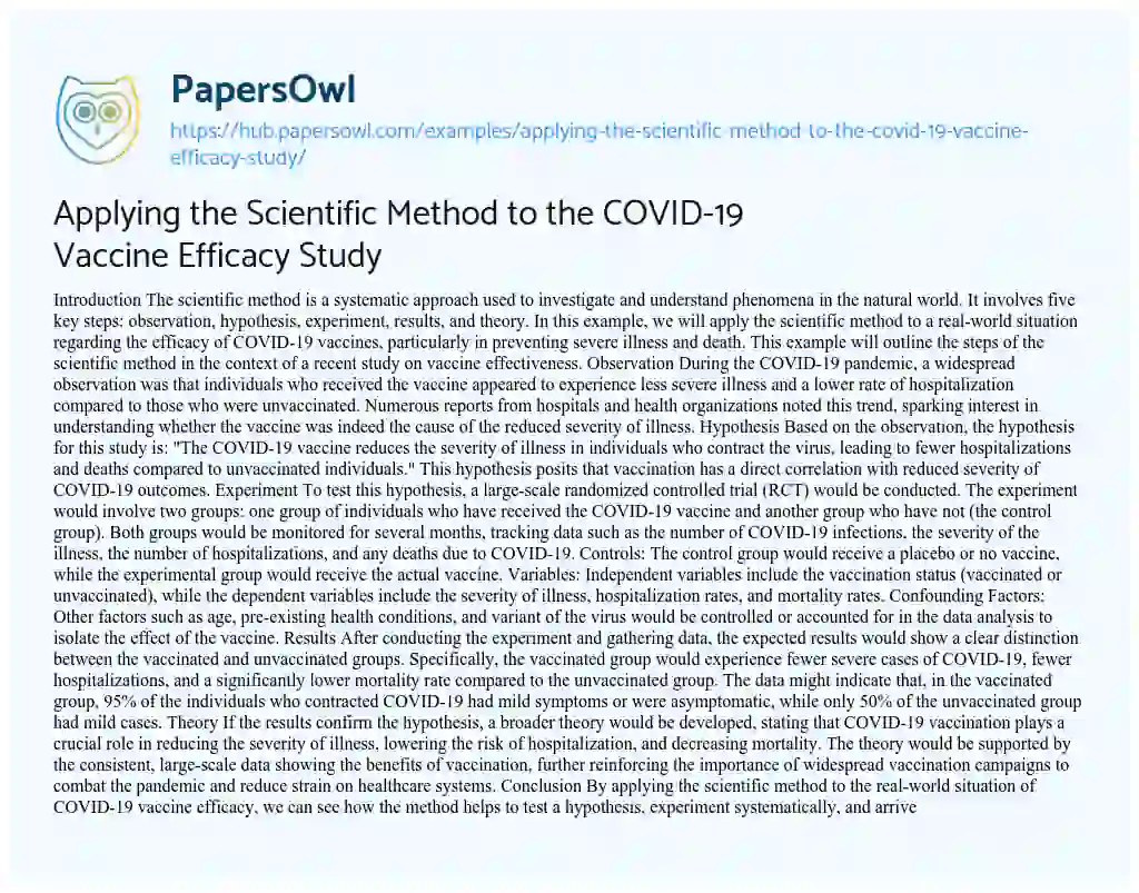 Essay on Applying the Scientific Method to the COVID-19 Vaccine Efficacy Study