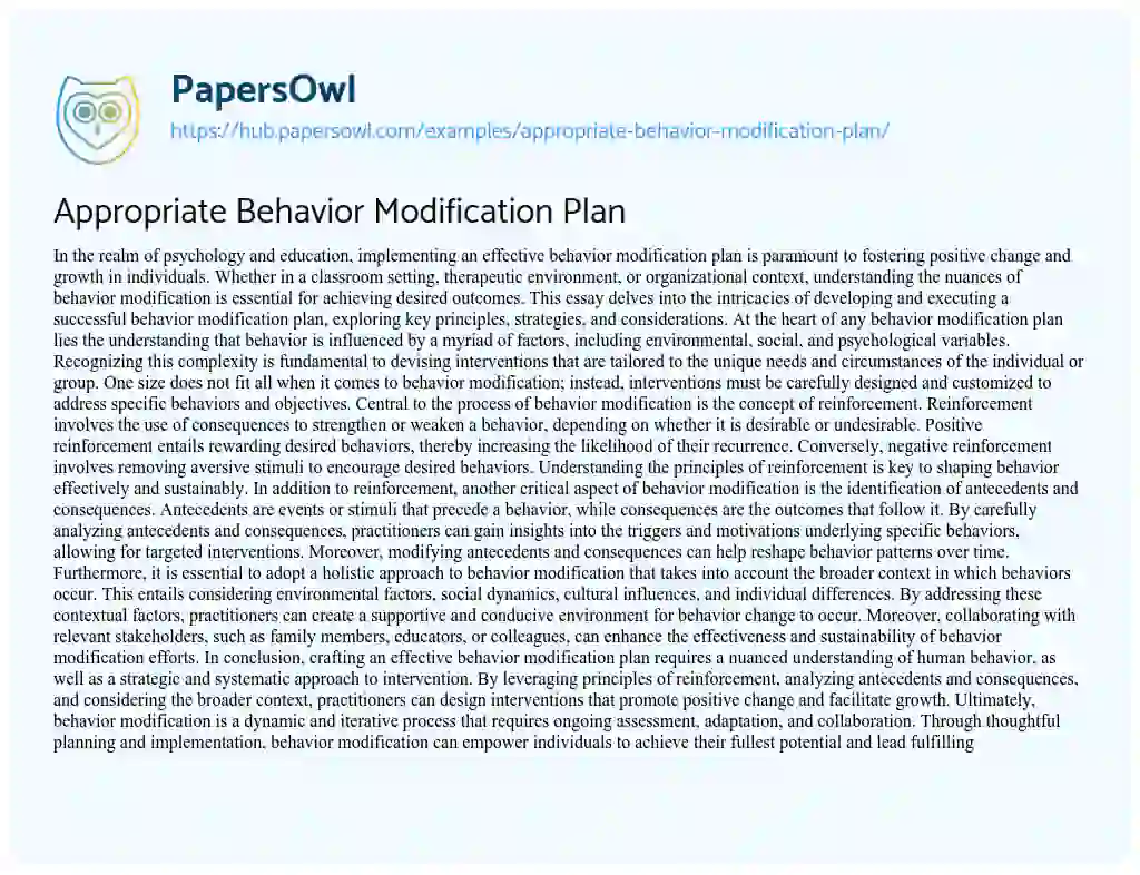 Essay on Appropriate Behavior Modification Plan