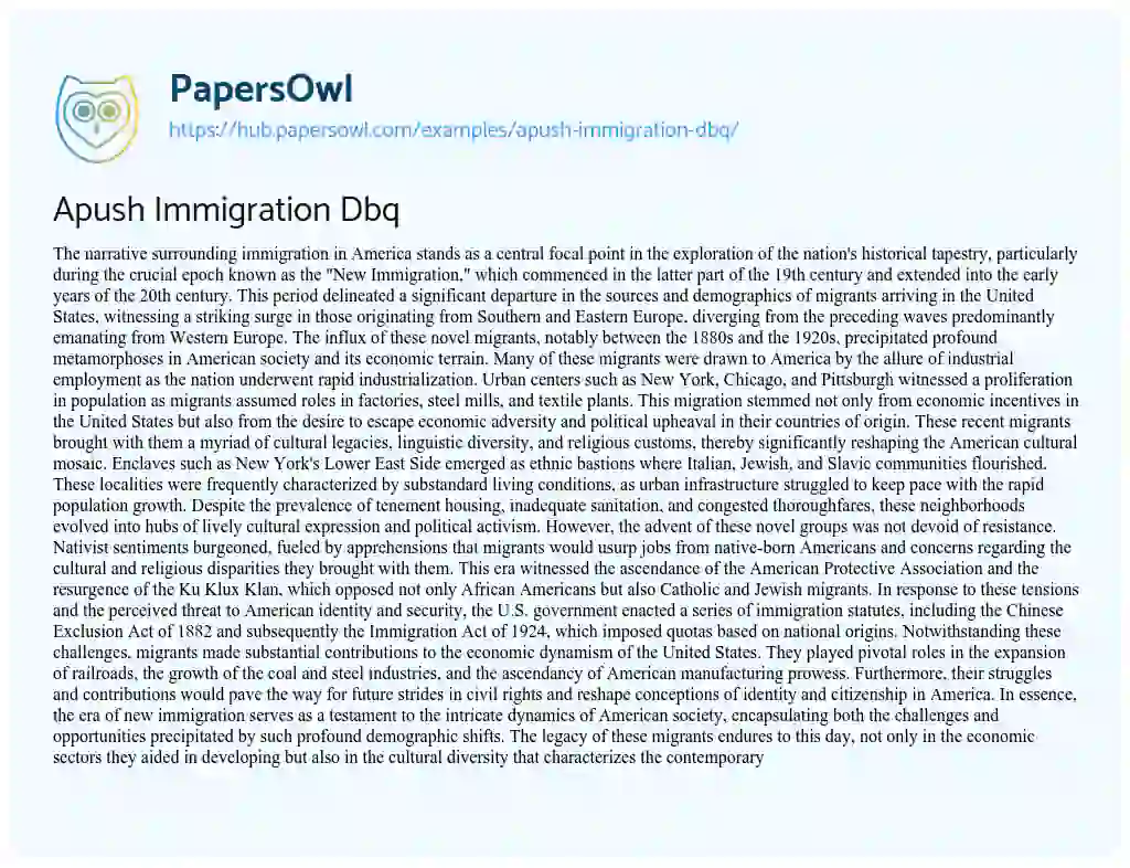 Essay on Apush Immigration Dbq