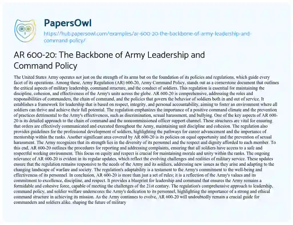 Essay on AR 600-20: The Backbone of Army Leadership and Command Policy