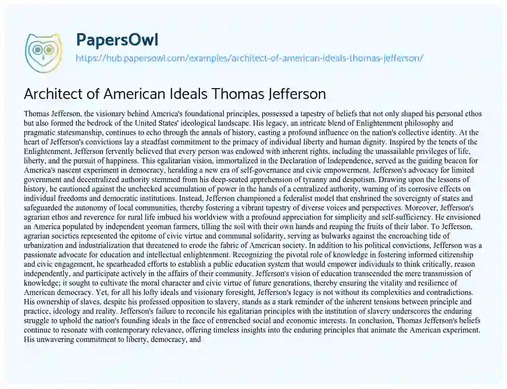 Essay on Architect of American Ideals Thomas Jefferson