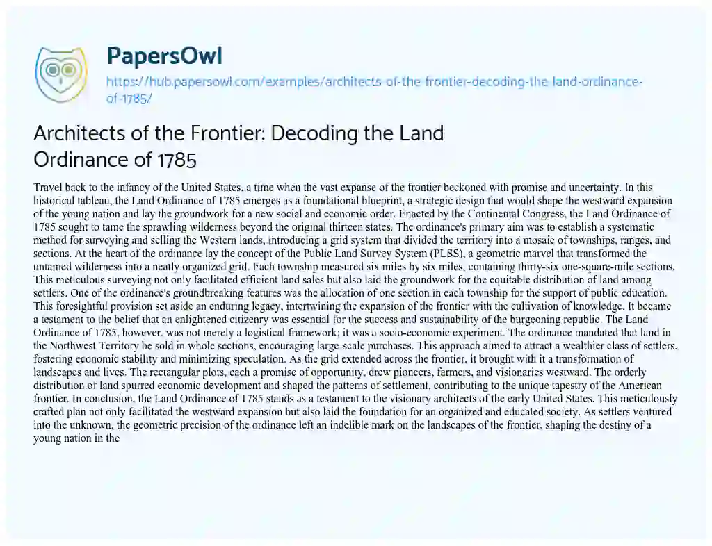 Essay on Architects of the Frontier: Decoding the Land Ordinance of 1785