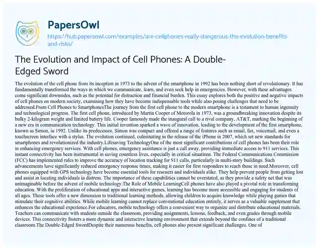 Essay on The Evolution and Impact of Cell Phones: A Double-Edged Sword