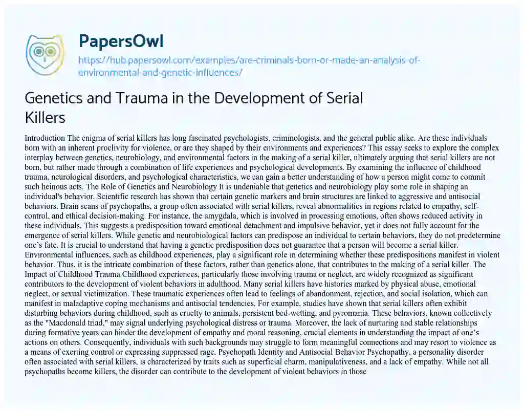 Essay on Genetics and Trauma in the Development of Serial Killers