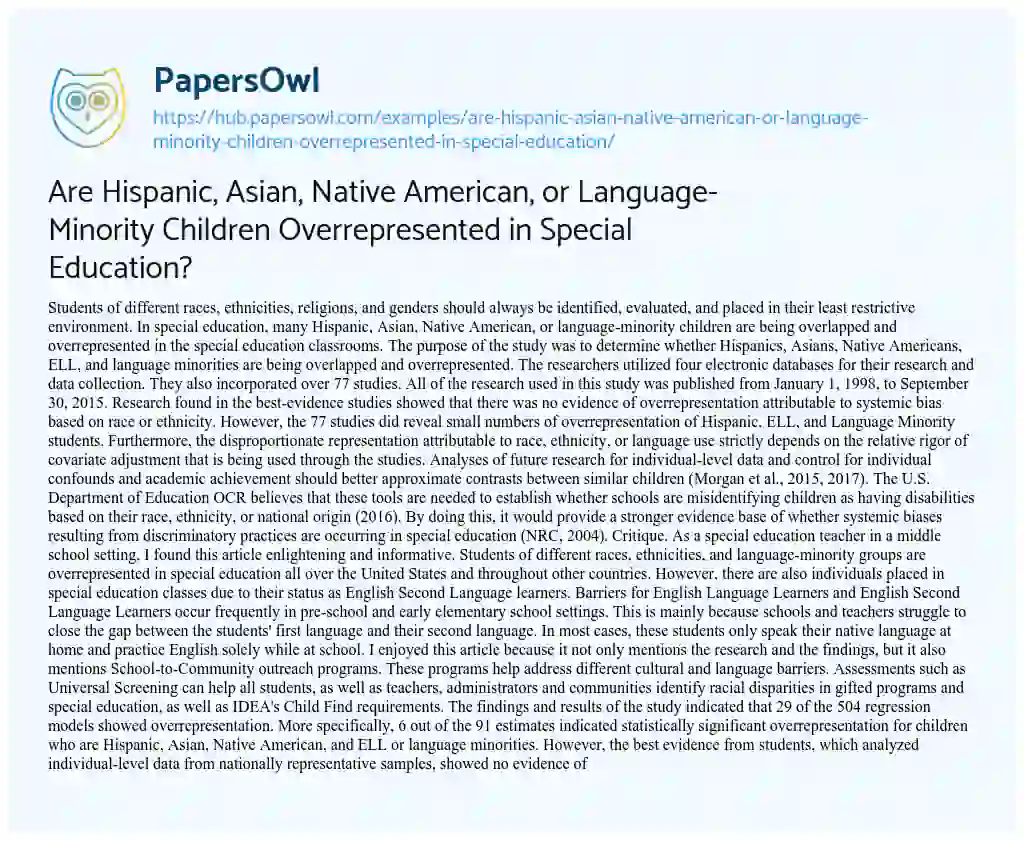 Essay on Are Hispanic, Asian, Native American, or Language-Minority Children Overrepresented in Special Education?