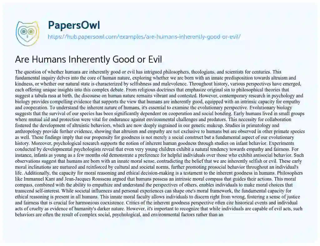 Essay on Are Humans Inherently Good or Evil