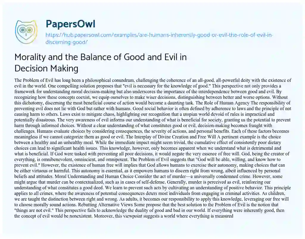 Essay on Morality and the Balance of Good and Evil in Decision Making