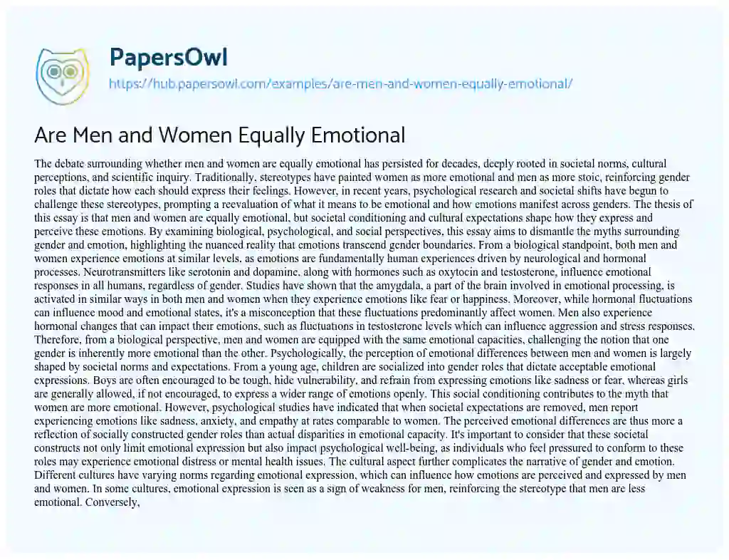 Essay on Are Men and Women Equally Emotional