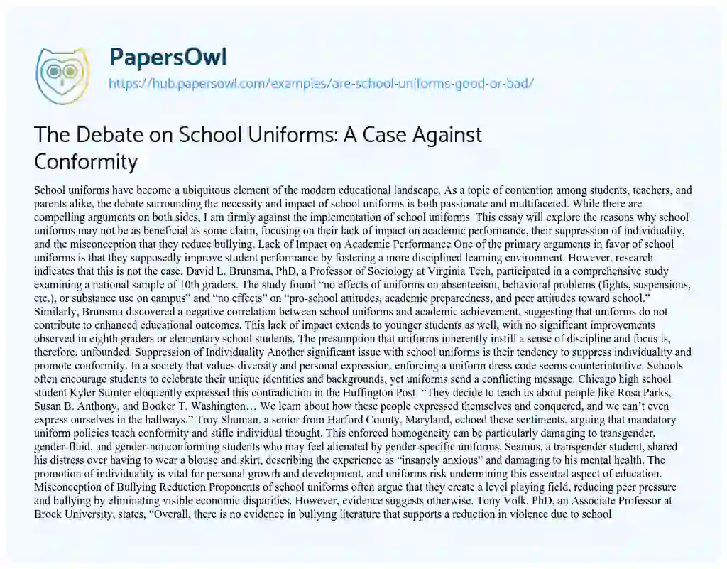 Essay on The Debate on School Uniforms: A Case Against Conformity