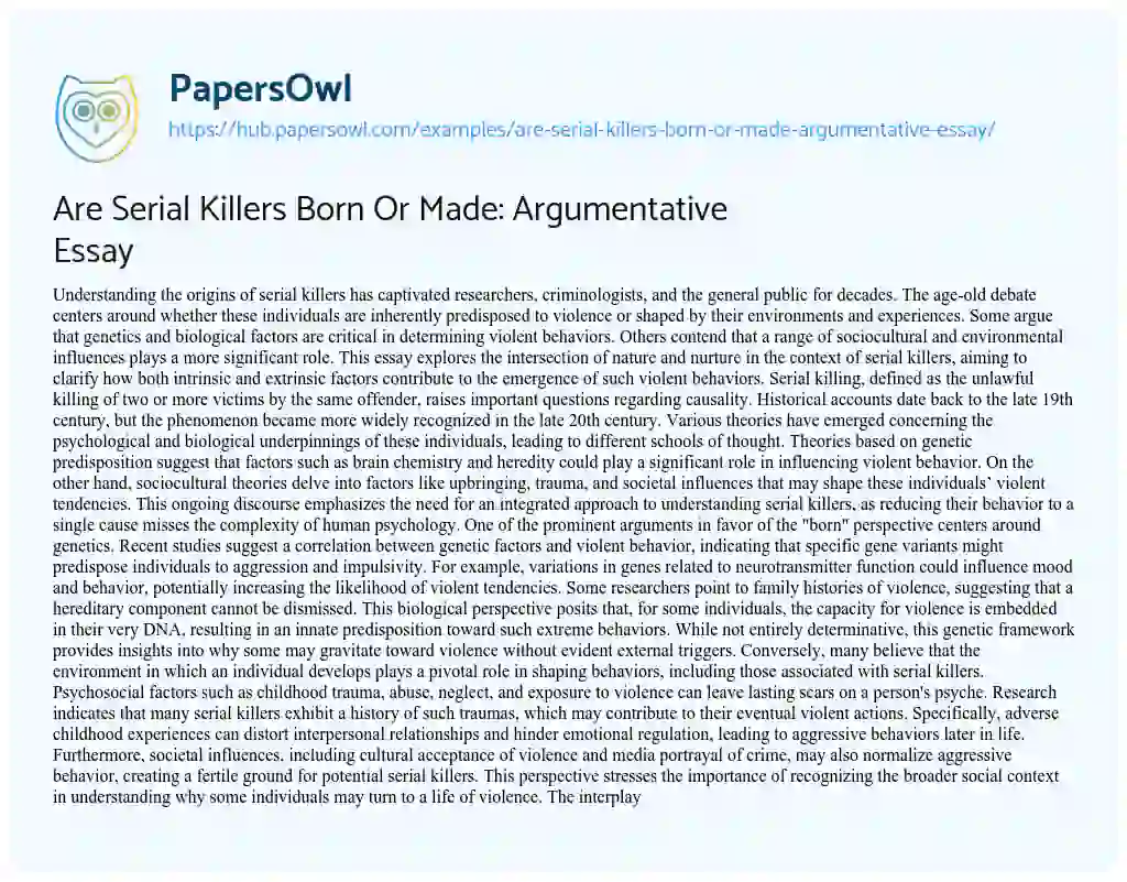 Essay on Are Serial Killers Born Or Made: Argumentative Essay