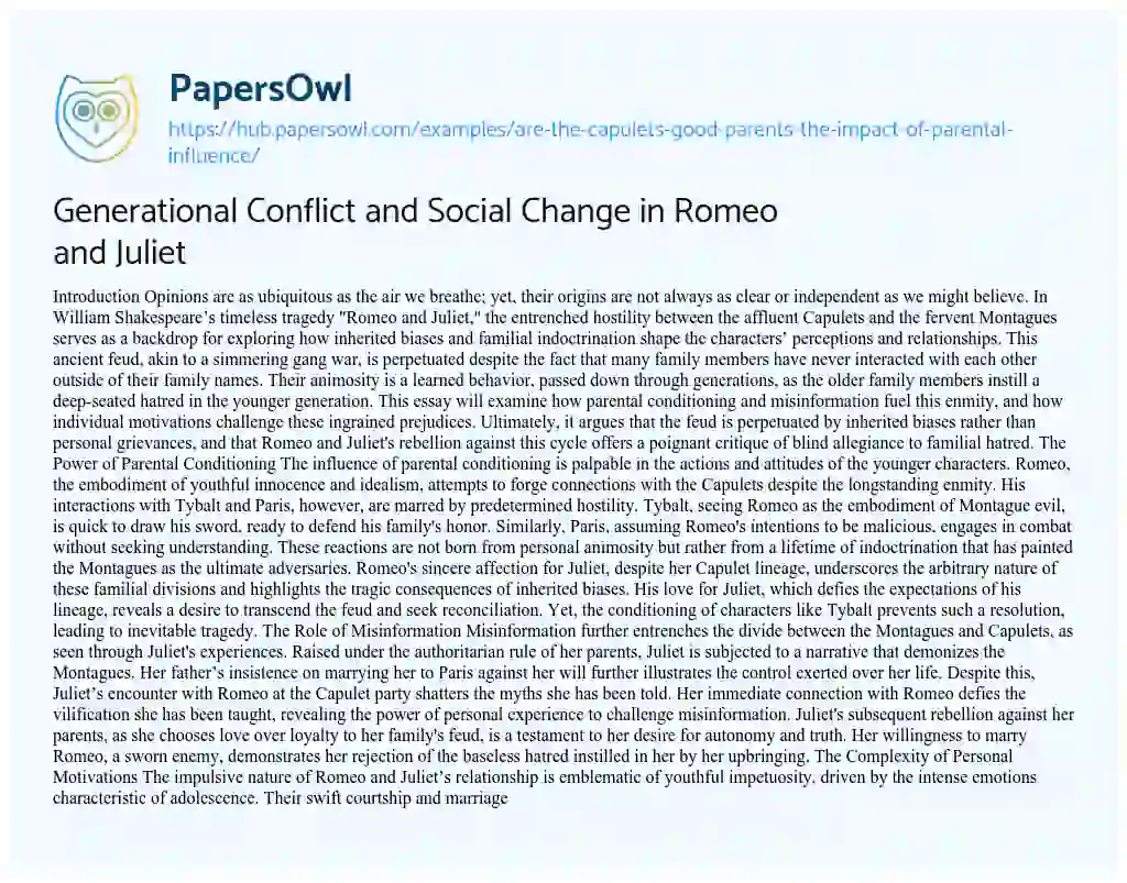 Essay on Generational Conflict and Social Change in Romeo and Juliet