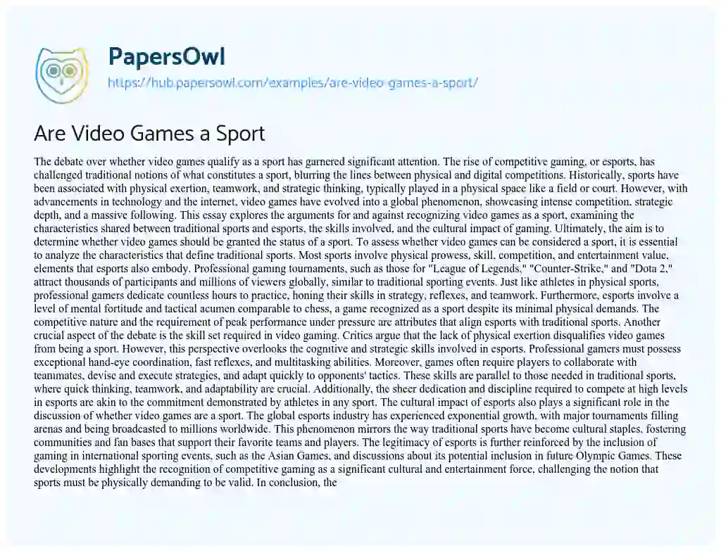 Essay on Are Video Games a Sport