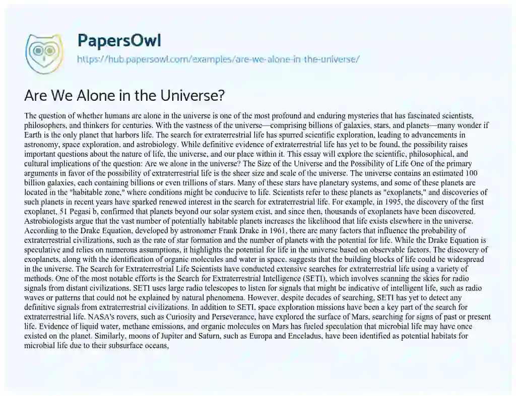 Essay on Are We Alone in the Universe?