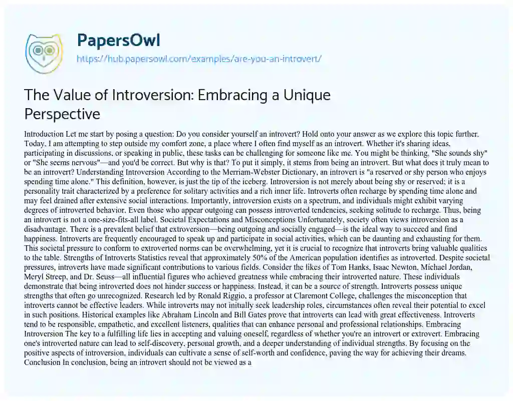Essay on The Value of Introversion: Embracing a Unique Perspective