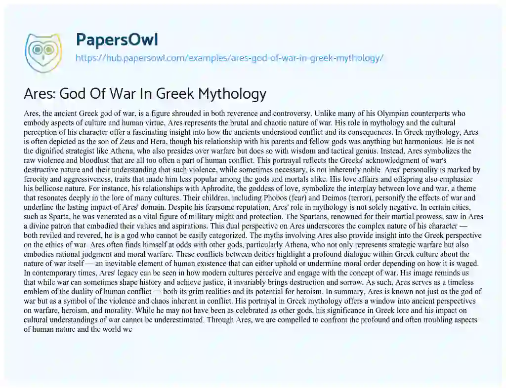 Essay on Ares: God Of War In Greek Mythology