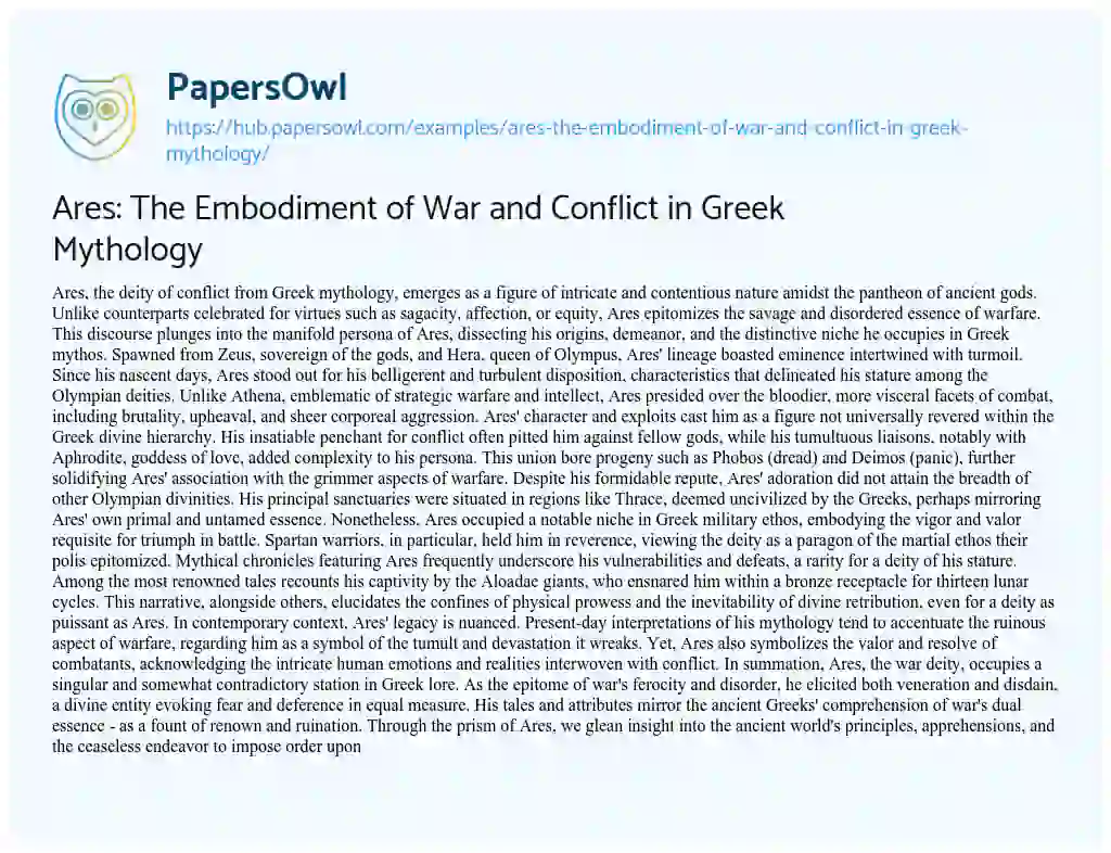 Essay on Ares: The Embodiment of War and Conflict in Greek Mythology