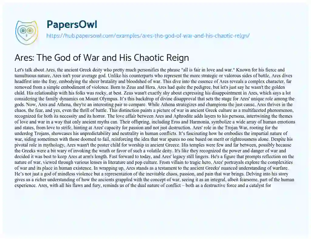 Essay on Ares: The God of War and His Chaotic Reign