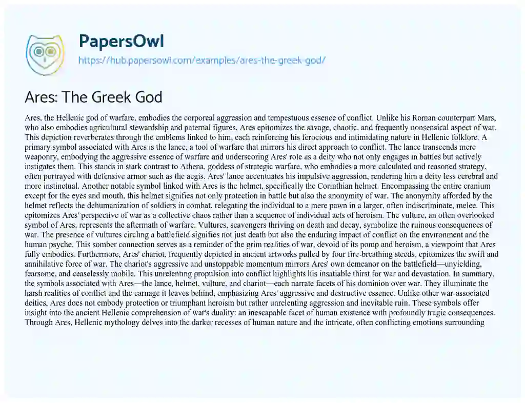 Essay on Ares: The Greek God