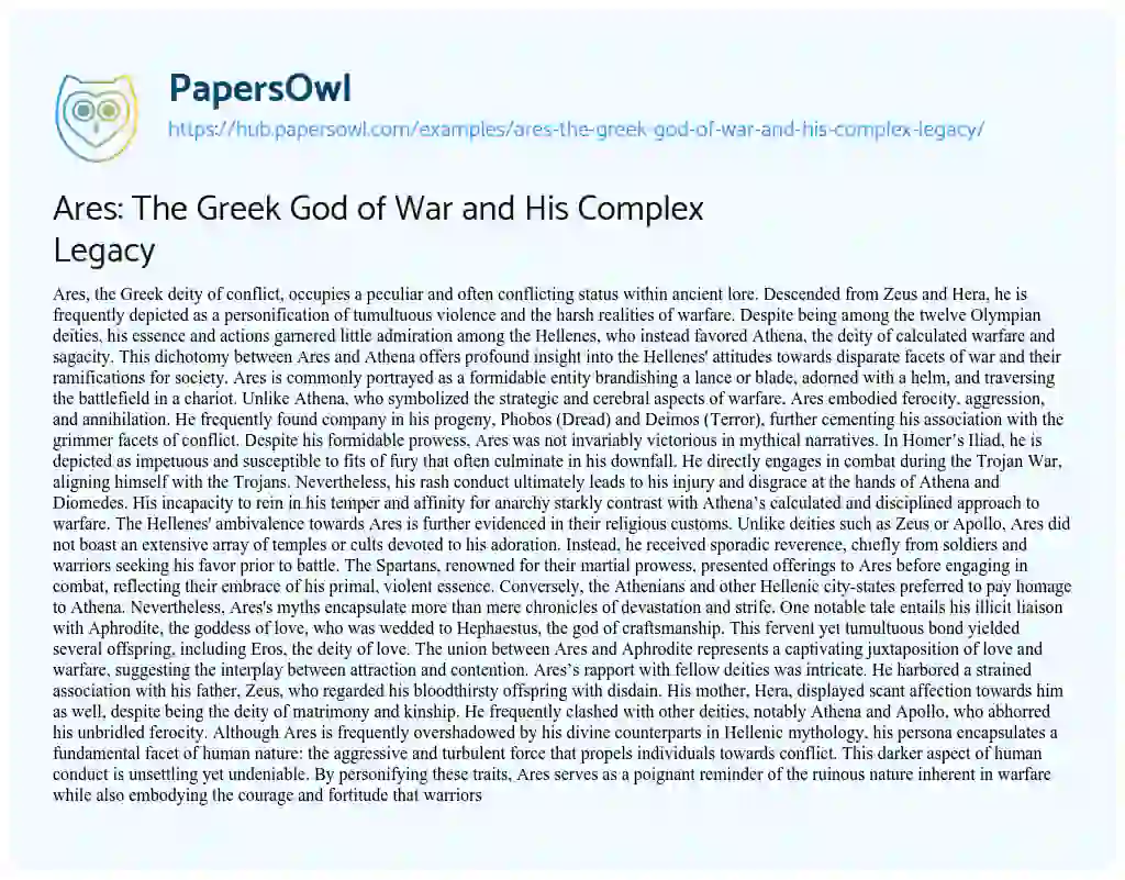 Essay on Ares: The Greek God of War and His Complex Legacy
