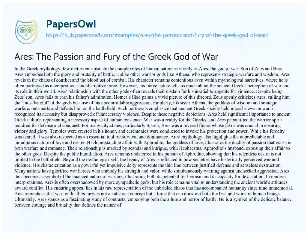 Essay on Ares: The Passion and Fury of the Greek God of War