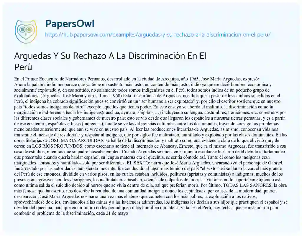 Essay on Arguedas Y Su Rechazo A La Discriminación En El Perú