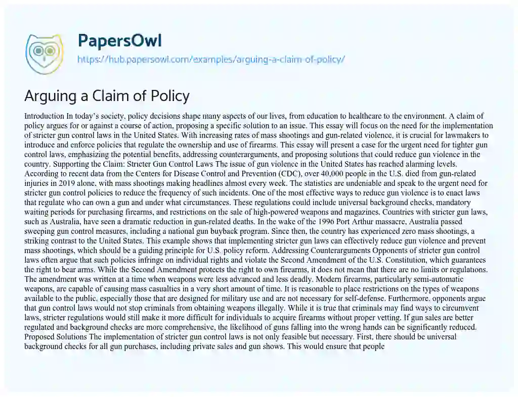 Essay on Arguing a Claim of Policy