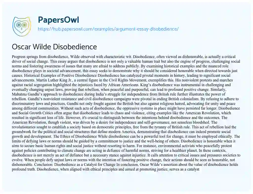 Essay on Oscar Wilde Disobedience