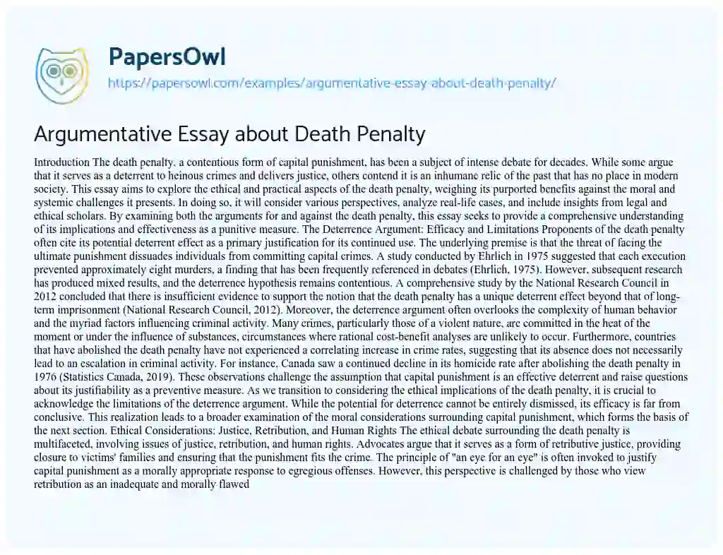 Essay on Argumentative Essay about Death Penalty