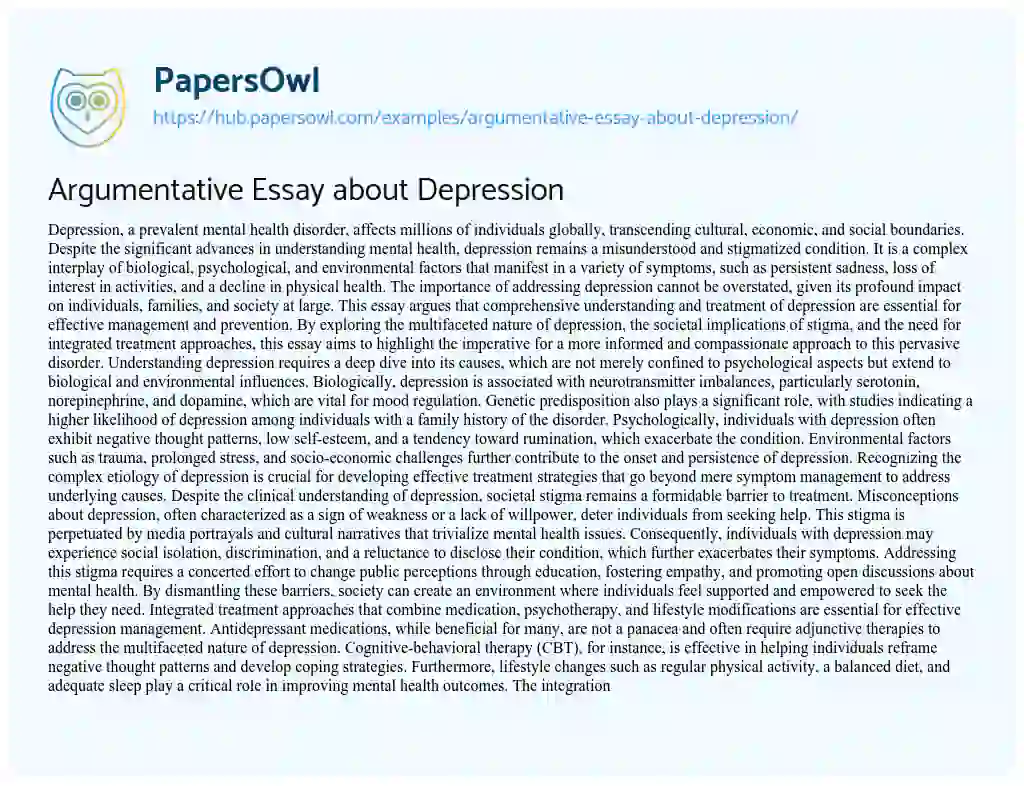 Essay on Argumentative Essay about Depression