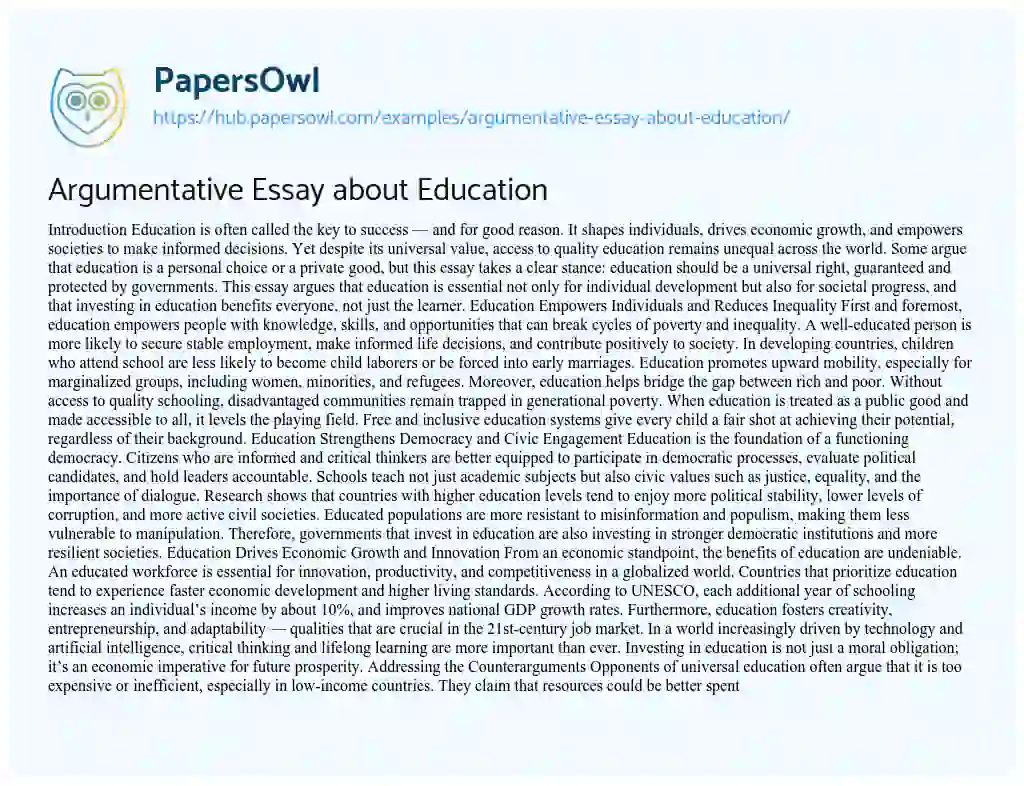 Essay on Argumentative Essay about Education