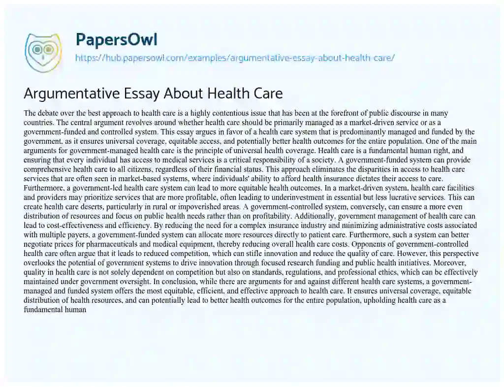 Essay on Argumentative Essay About Health Care