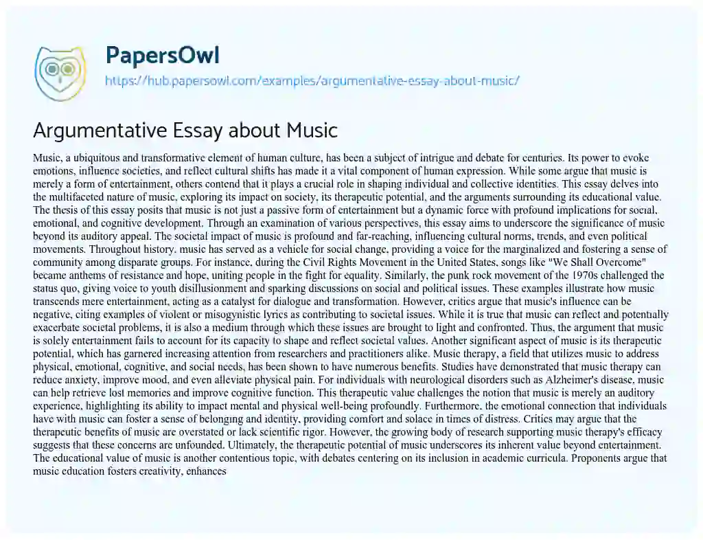 Essay on Argumentative Essay about Music