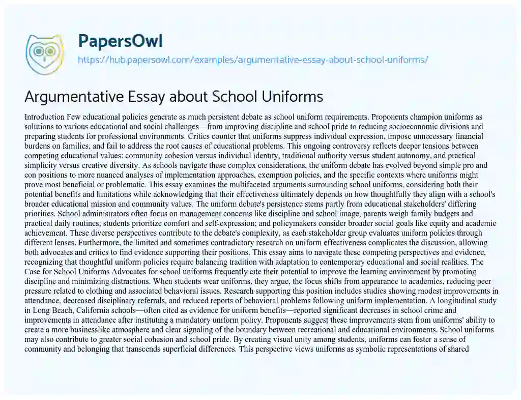 Essay on Argumentative Essay about School Uniforms