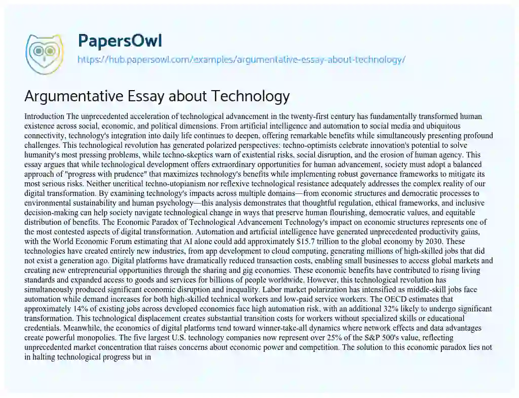 Essay on Argumentative Essay about Technology