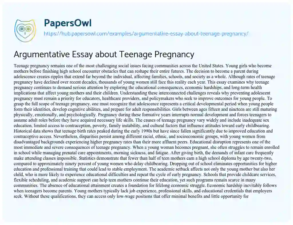 Essay on Argumentative Essay about Teenage Pregnancy
