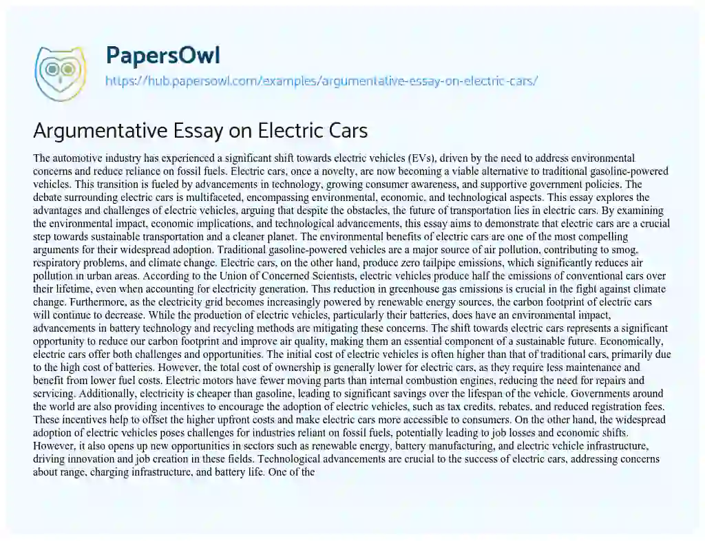 Essay on Argumentative Essay on Electric Cars
