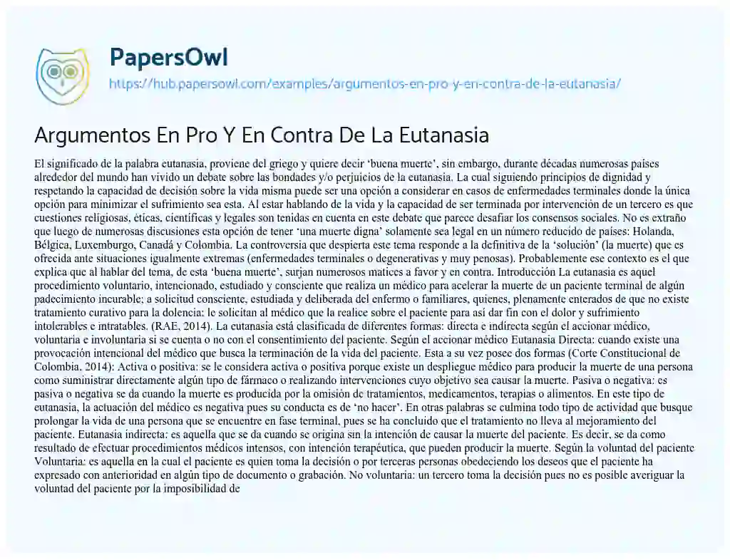 Essay on Argumentos En Pro Y En Contra De La Eutanasia