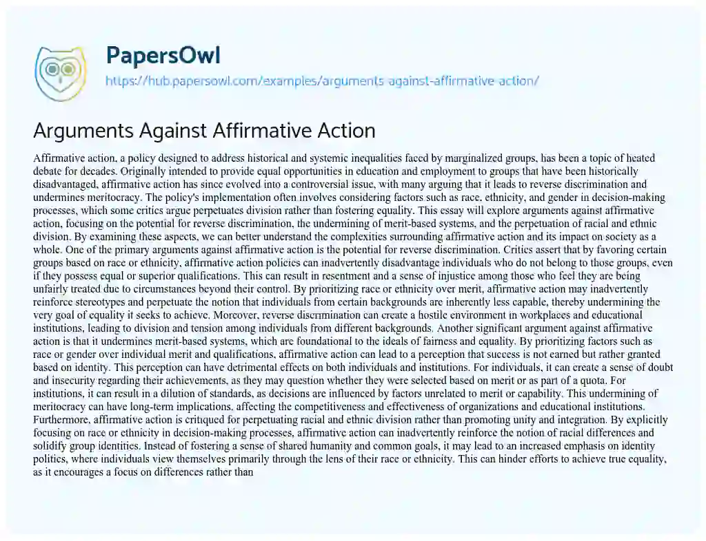 Essay on Arguments Against Affirmative Action