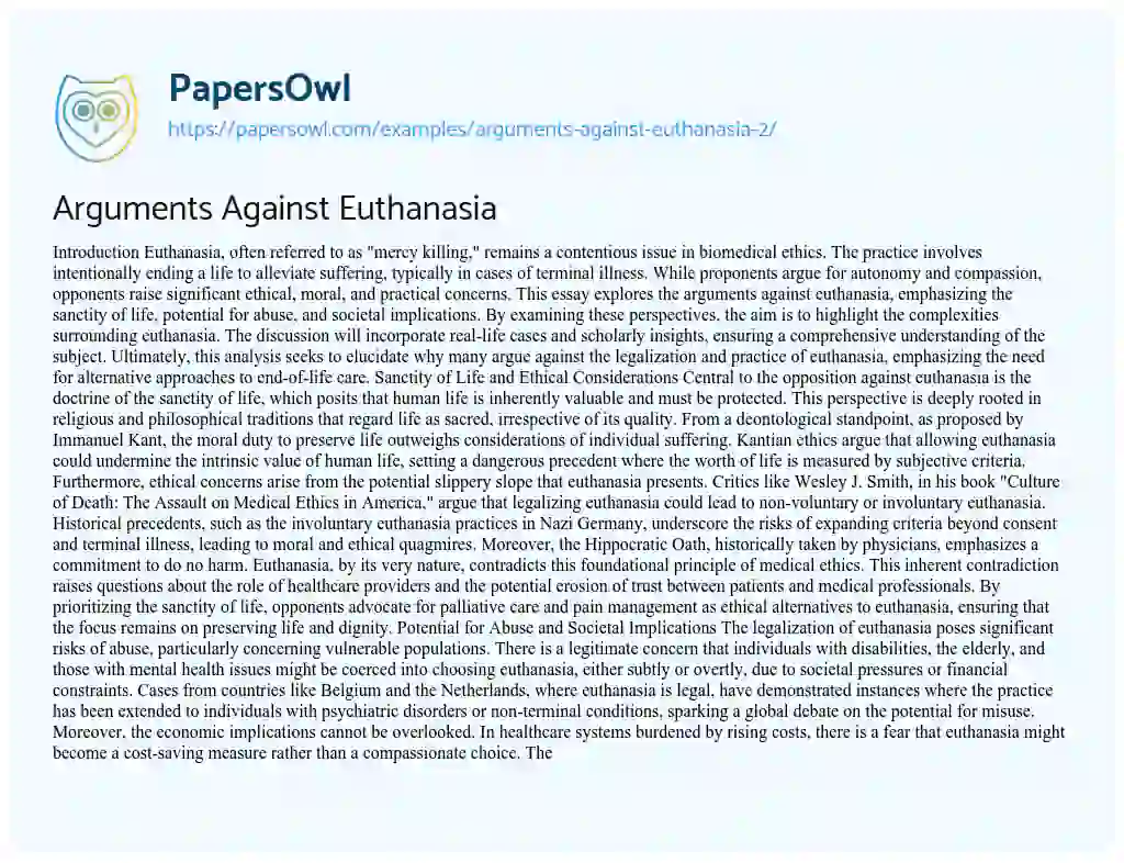 Essay on Arguments Against Euthanasia