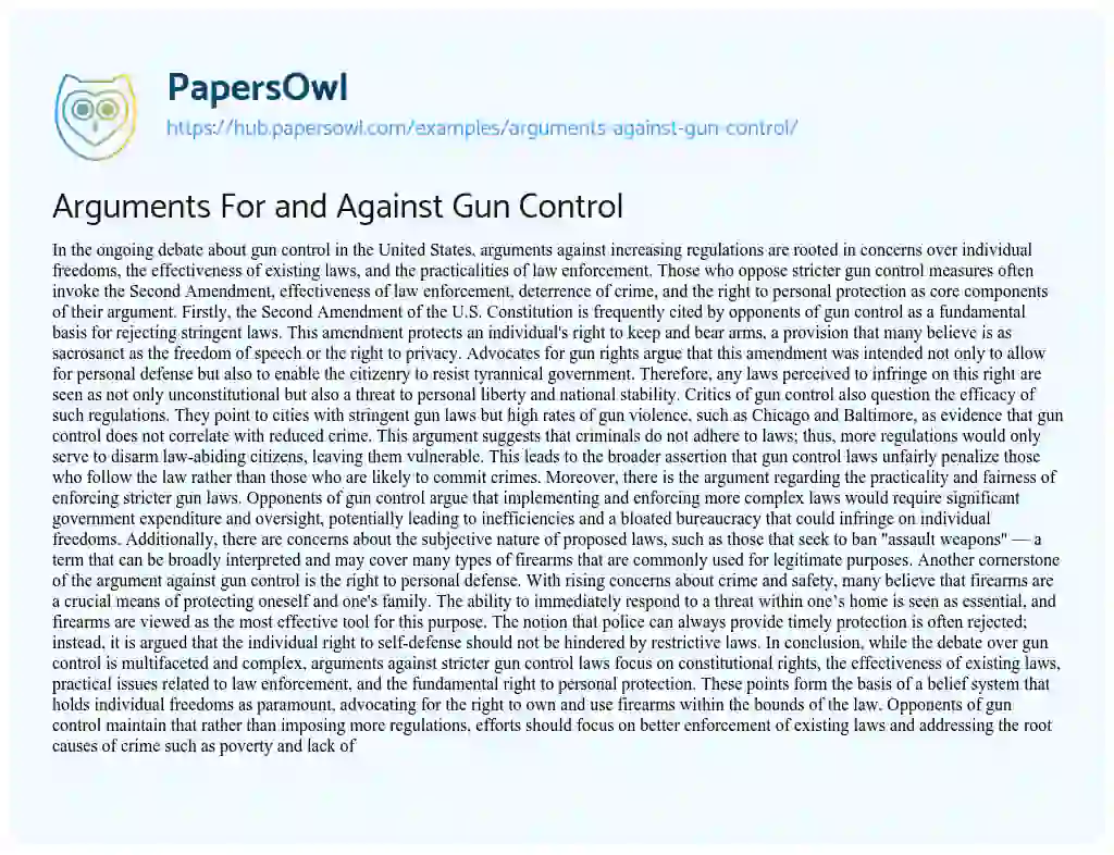 Essay on Arguments For and Against Gun Control