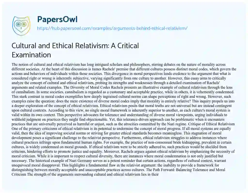 Essay on Cultural and Ethical Relativism: A Critical Examination