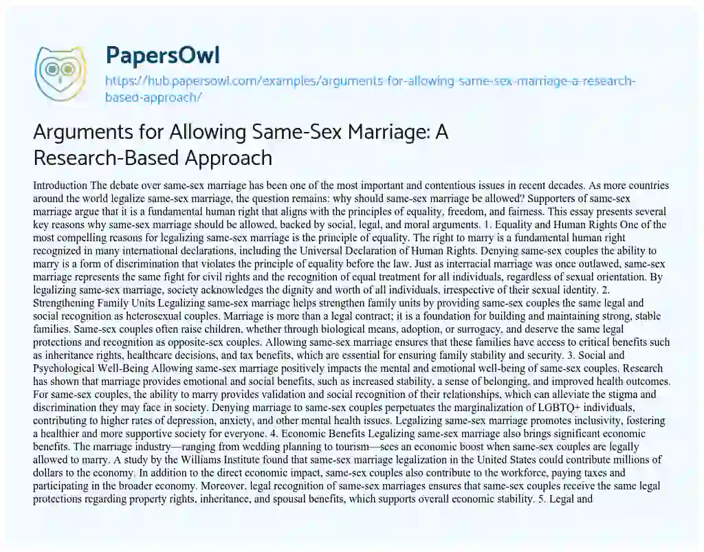 Essay on Arguments for Allowing Same-Sex Marriage: A Research-Based Approach