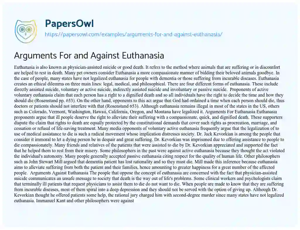 Essay on Arguments For and Against Euthanasia