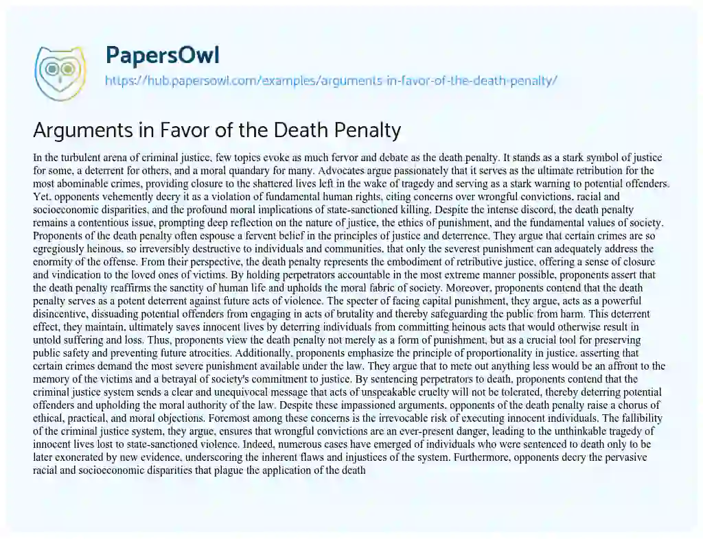 Essay on Arguments in Favor of the Death Penalty
