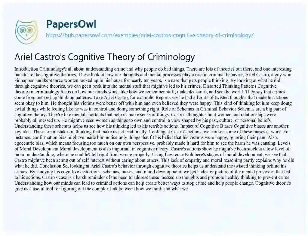 Essay on Ariel Castro’s Cognitive Theory of Criminology
