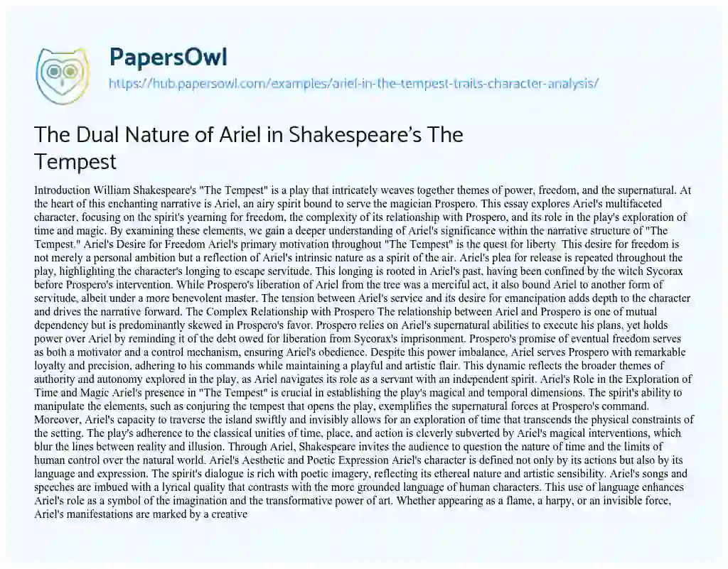 Essay on The Dual Nature of Ariel in Shakespeare’s The Tempest