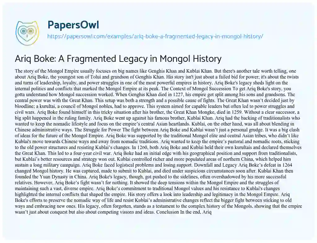 Essay on Ariq Boke: A Fragmented Legacy in Mongol History