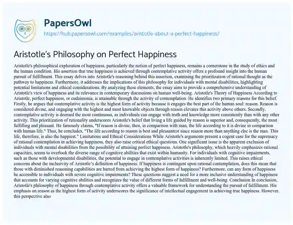 Essay on Aristotle’s Philosophy on Perfect Happiness